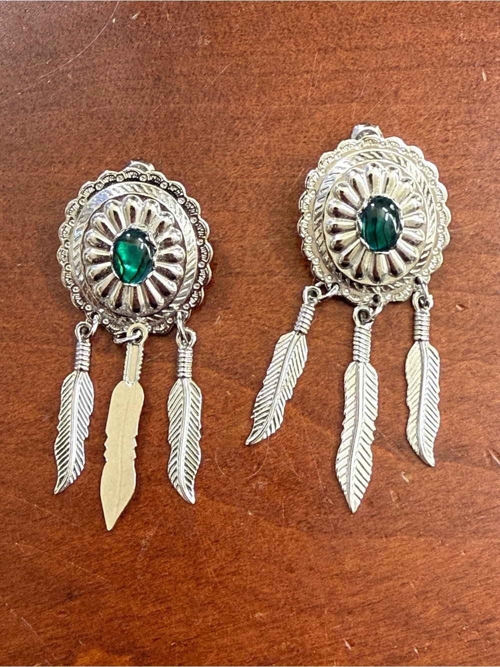🆕 Silver with Green Stone Feather Drop Earrings